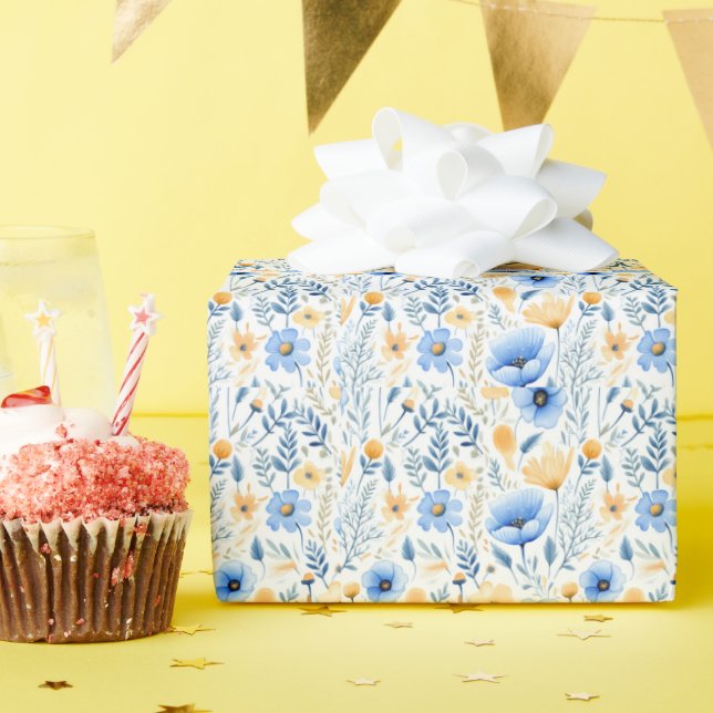 Papel De Presente Chá de Bebê Azul Amarelo Boho Floral Aniversário  (Festa de aniversário)