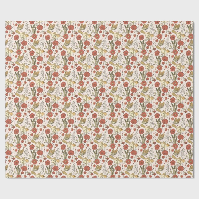 Papel De Presente Chá de Bebê | Borboletas e Flores Poéticas Florais (Aberto)