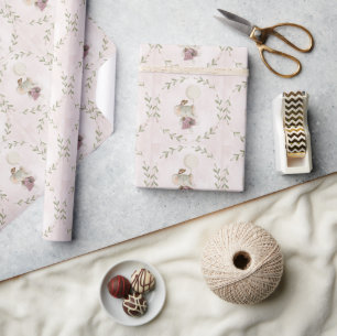 Papel De Presente Chá de Bebê Botânico de Elefante Rosa Boho Menina