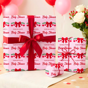 Papel De Presente Chá de Bebê Cereja Laço Xadrez Vermelho
