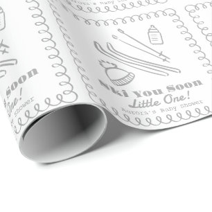 Papel De Presente Chá de Bebê Cinza Desenhado à Mão Esqui Você Logo