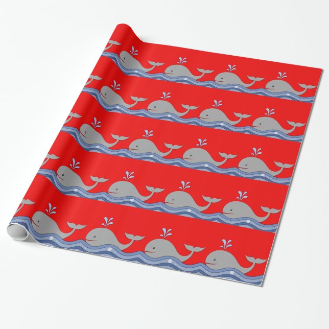 Papel De Presente Chá de Bebê de Baleia Azul e Vermelho (Desenrolado)