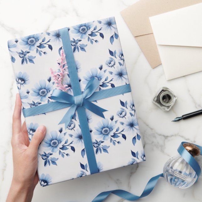 Papel De Presente Chá de Bebê de Floral Toile Azul e Branco Casament (Presentear)