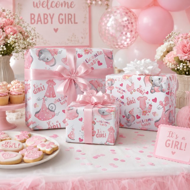 Papel De Presente Chá de Bebê de Menina Fofa e Presente de Recém-Nas (Criador carregado)