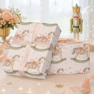 Papel De Presente Chá de Bebê de Natal com Cavalinho de Pau em Aquar