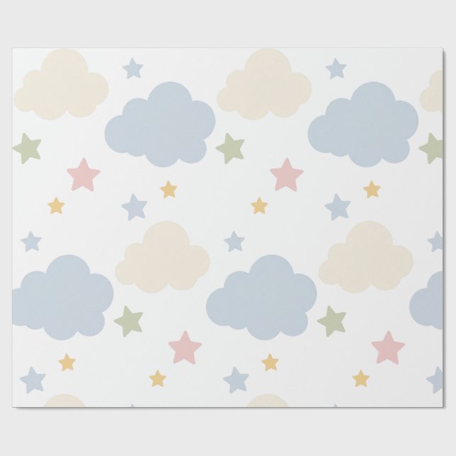 Papel De Presente Chá de Bebê de Nuvens Pastéis e Estrelas (Aberto)