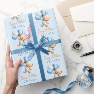 Papel De Presente Chá de Bebê do Menino Urso de Pelúcia Personalizad