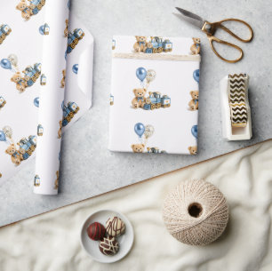 Papel De Presente Chá de Bebê Menino Urso de Pelúcia Azul Dourado Tr