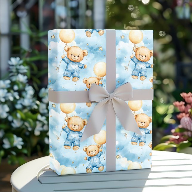 Papel De Presente Chá de Bebê Menino Urso de Pelúcia Azul Fofo (Criador carregado)