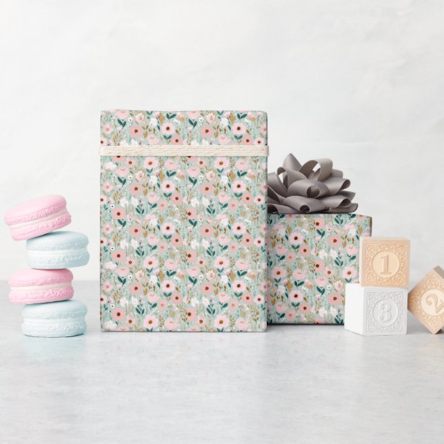 Papel De Presente Chá de Bebê Nupcial com Florais de Aquarela Rosa e (Chá de bebê)
