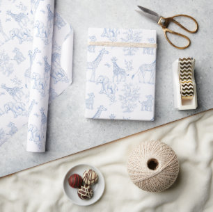 Papel De Presente Chá de Bebê Tema Animais Toile Azul Vintage