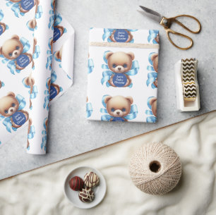 Papel De Presente Chá de fraldas Azul do Urso Teddy