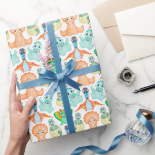 Papel De Presente Chá de fraldas de Aniversário do Dinossauro Azul