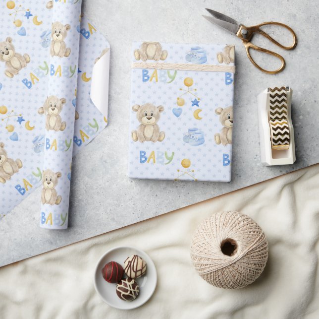 Papel De Presente Chá de fraldas de Aquarela do Urso Azul (Artesanato)