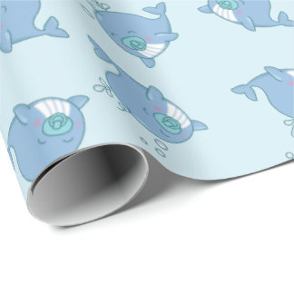 Papel De Presente Chá de fraldas de baleia branca Kawaii Boy Blue