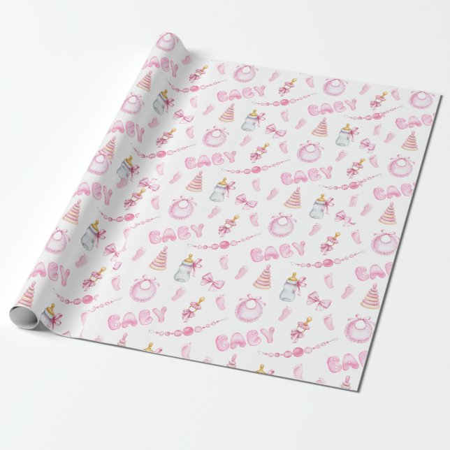 Papel De Presente Chá de fraldas de menina rosa (Desenrolado)