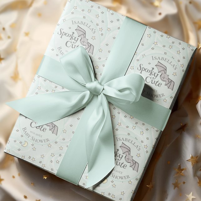 Papel De Presente Chá de fraldas de outubro Bonito de Spooky Mint (Spooky Cute Fall Baby Shower Custom Wrapping Paper. Hand-Drawn Baby Bat, Moons & Stars in Soft Mint)