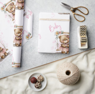 Papel De Presente Chá de fraldas de Urso de Teddy Script de Bebê Ros