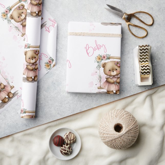 Papel De Presente Chá de fraldas de Urso de Teddy Script de Bebê Ros (Artesanato)