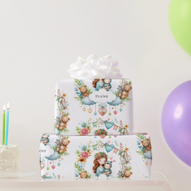 Papel De Presente Chá de fraldas É um papel de enrolar azul-menino (Presentes para festas)