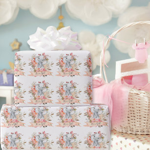 Papel De Presente Chá de fraldas Elefante Boho Chic Coral Watercolo