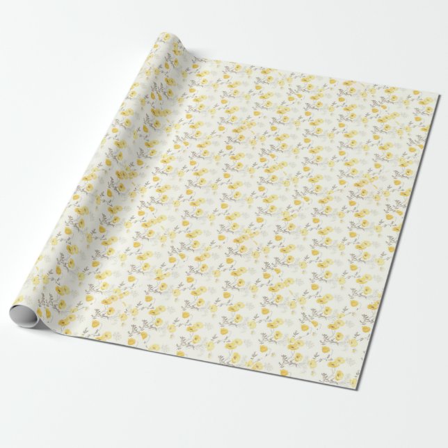 Papel De Presente Chá de fraldas Floral Amarelo (Desenrolado)