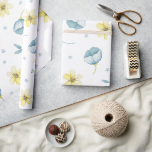 Papel De Presente Chá de fraldas floral de cor aquosa azul e amarelo