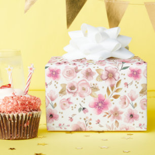 Papel De Presente Chá de fraldas Floral Dourado e rosa embebido