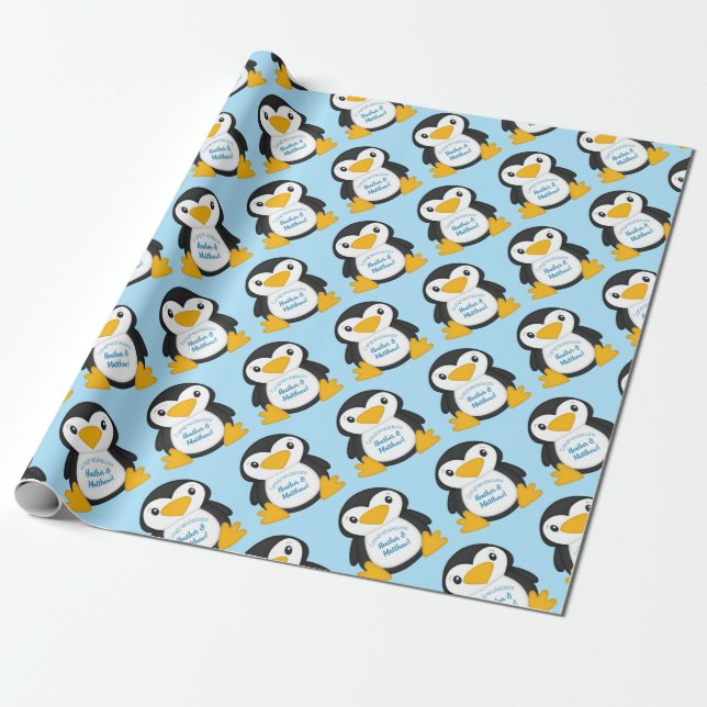 Papel De Presente Chá de fraldas pinguim azul (Desenrolado)