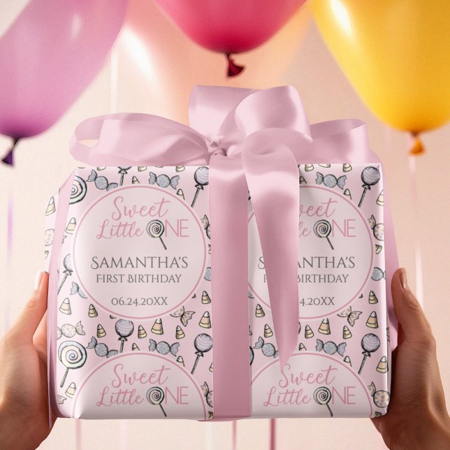 Papel De Presente Chá de fraldas Rosa Docinho Doce Pequeno (Cute Pink Sweet Little One First 1st Birthday Gift Wrap for Baby Girl. Hand-Drawn Candy & Lollipops.)