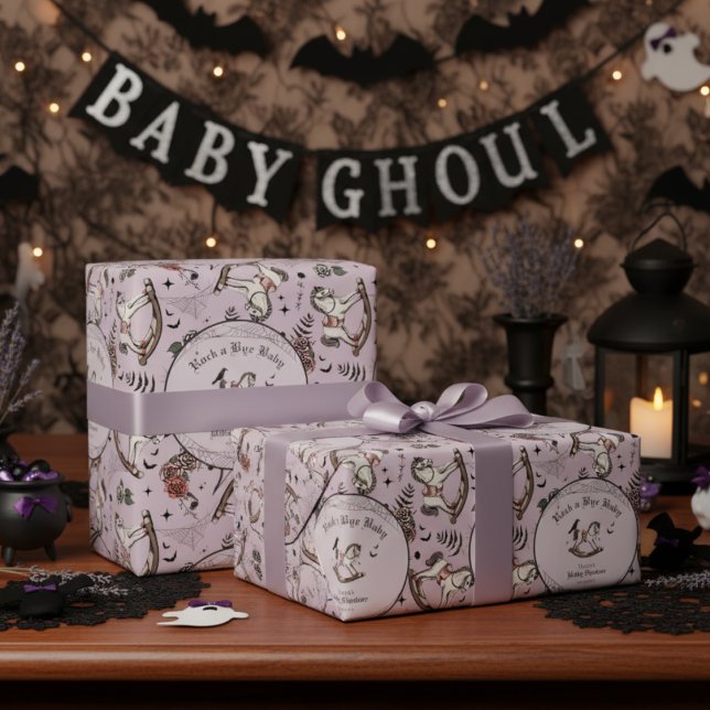 Papel De Presente Chá de fraldas Roxo-Gótico, Vitoriano, de Cavalo (Cute Spooky Gothic Halloween Baby Shower Lilac Wrapping Paper for Baby Girl. Vintage Rocking Horse)