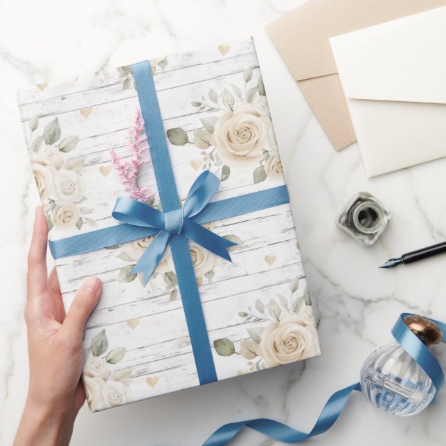 Papel De Presente Chá de Noiva Boho Floral Branco Creme Romântico (Presentear)