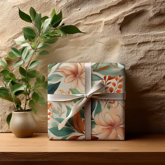 Papel De Presente Chá de Noiva Botânico Floral Suave (Soft botanical floral wrapping paper with peach blooms and muted teal garden pattern design)