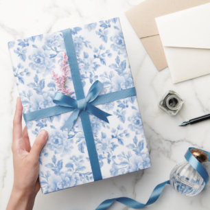 Papel De Presente Chá de Noiva com Flores Azuis e Brancas Românticas