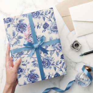 Papel De Presente Chá de Noiva com Lindas Flores Azuis