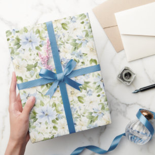 Papel De Presente Chá de Noiva Floral Azul Creme