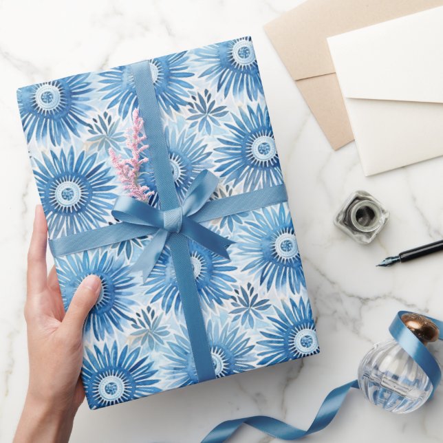 Papel De Presente Chá de Noiva Floral Branco Azul (Presentear)