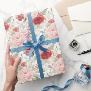 Papel De Presente Chá de Noiva Floral de Rosas Vermelhas e Rosadas