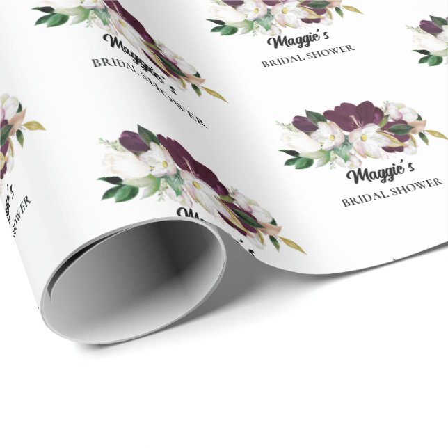Papel De Presente Chá de noiva floral em ameixa (Ponta do rolo)