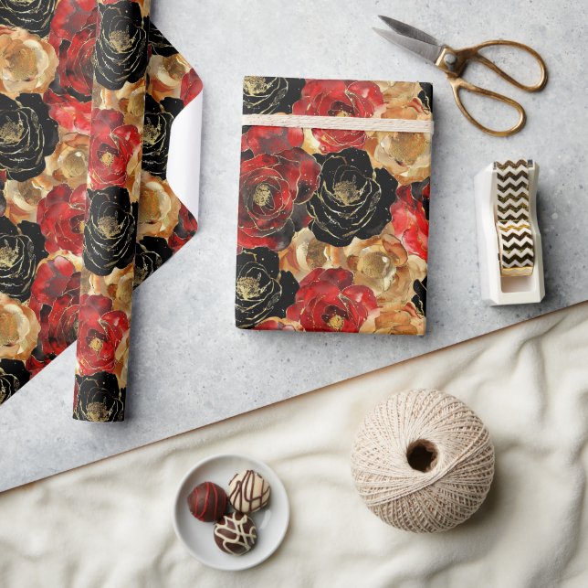 Papel De Presente Chá de Noiva Floral Preto Dourado  (Artesanato)