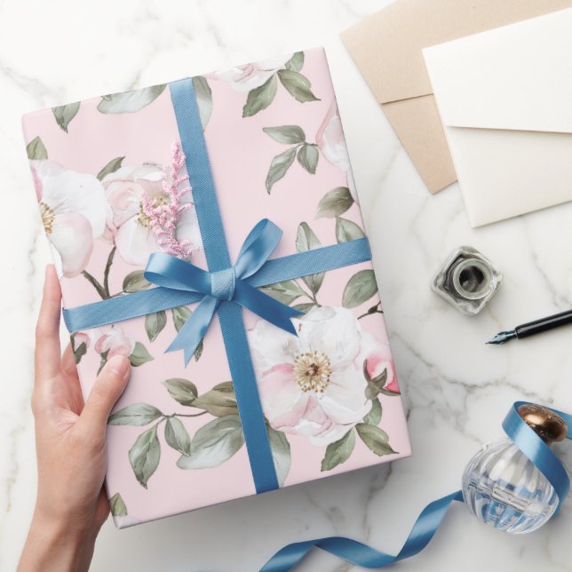 Papel De Presente Chá de Noiva Flores Brancas Rosa Charmosas (Presentear)