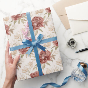 Papel De Presente Chá de Noiva Flores Vermelho Creme
