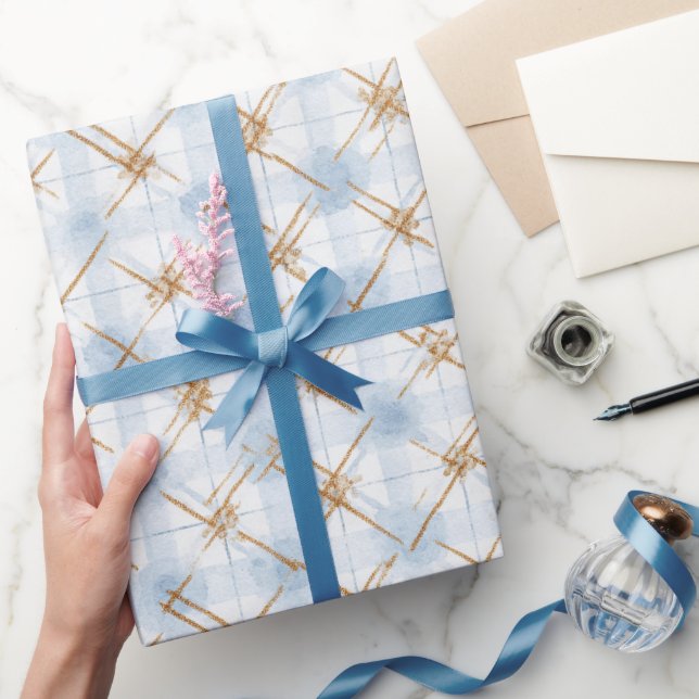 Papel De Presente Chá de Noiva Listras Azul Branco Dourado (Presentear)