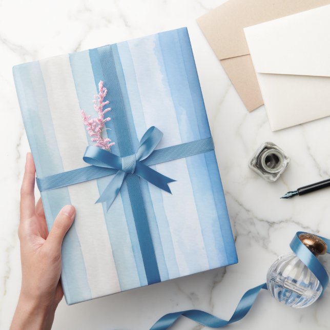 Papel De Presente Chá de Noiva Listras Brancas Azuis de Santorini (Presentear)