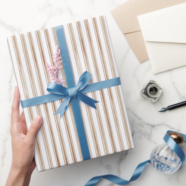Papel De Presente Chá de Noiva Listras Creme Marrom Laço Cacau (Presentear)