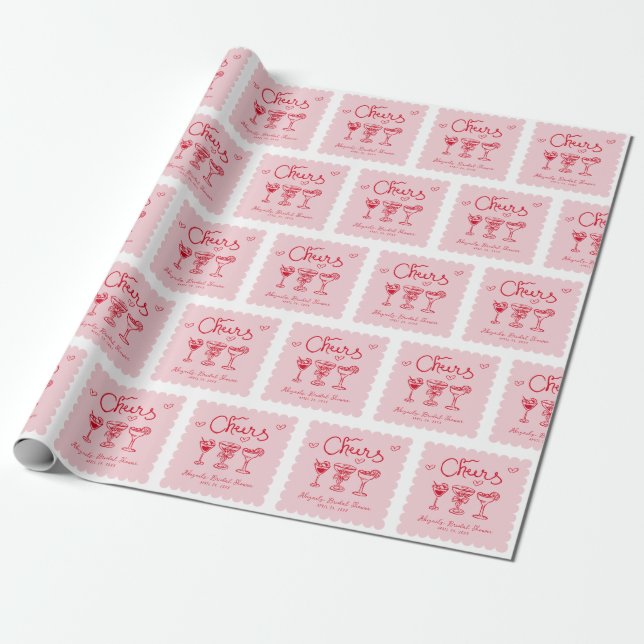 Papel De Presente Chá de Noiva Rosa Vermelho Personalizado Retrô (Desenrolado)
