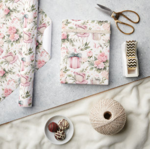 Papel De Presente Chá de panela de aquarelas - rosas cor-de-rosa e c