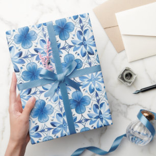 Papel De Presente Chá de panela de Flores Branco Azul