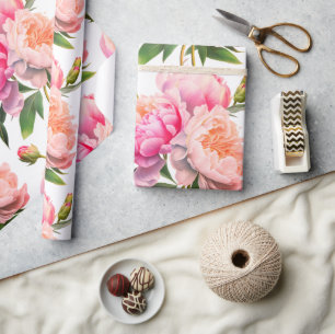 Papel De Presente Chá de panela Floral de Peonies Rosa