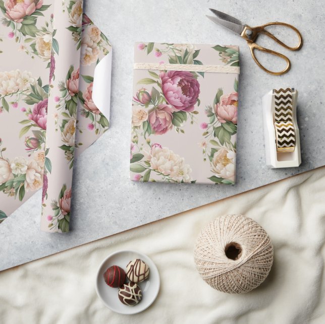 Papel De Presente Chá de panela Floral de Wreath de Peony Rosa (Artesanato)